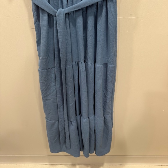Mia Rose Blue Belted Tiered Midi Dress Belted Collared Button Front Medium - Picture 4 of 5